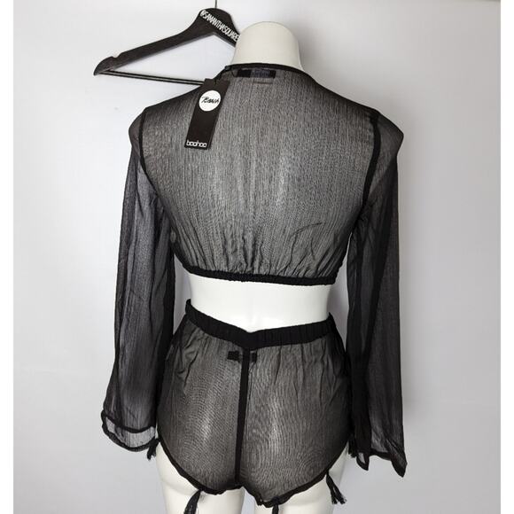 Boohoo Tassel Crop and Short Coord Beach Coverup Set Black Small New - Picture 2 of 4